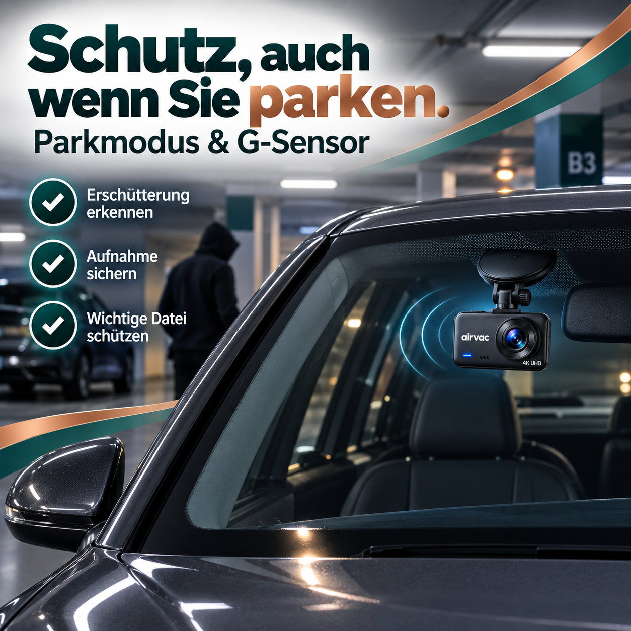 Dashcam mit Front- und Rückkamera im Fahrzeug