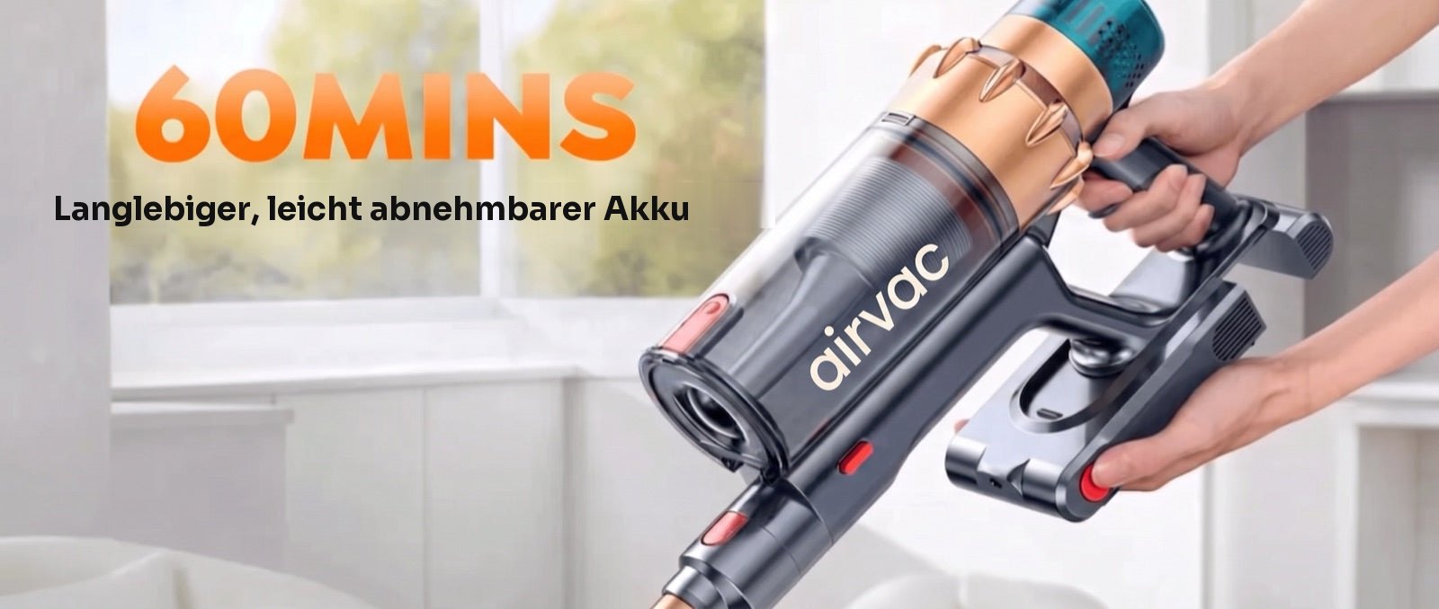 60 Minuten Laufzeit, abnehmbarer Akku